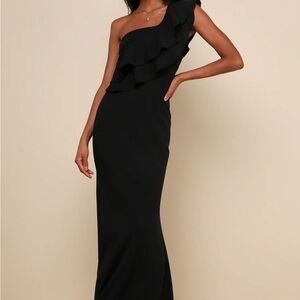Lulus Grand Beauty Black Ruffled One-Shoulder Mermaid Maxi Dress